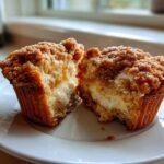 A close-up of Cheesecake Muffins with Cinnamon cut in half, showing a creamy center.
