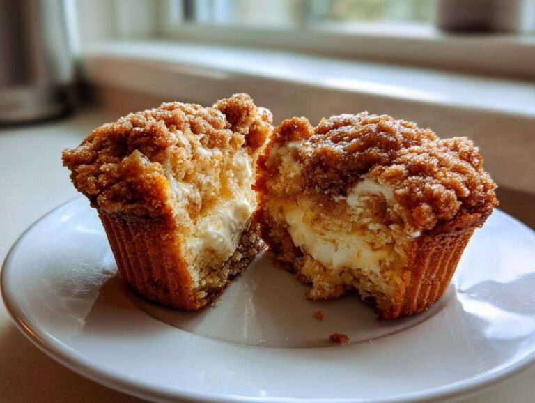 A close-up of Cheesecake Muffins with Cinnamon cut in half, showing a creamy center.