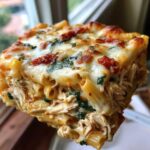 A thick, cheesy slice of chicken pasta bake featuring shredded chicken, penne pasta, spinach, and sun-dried tomatoes.
