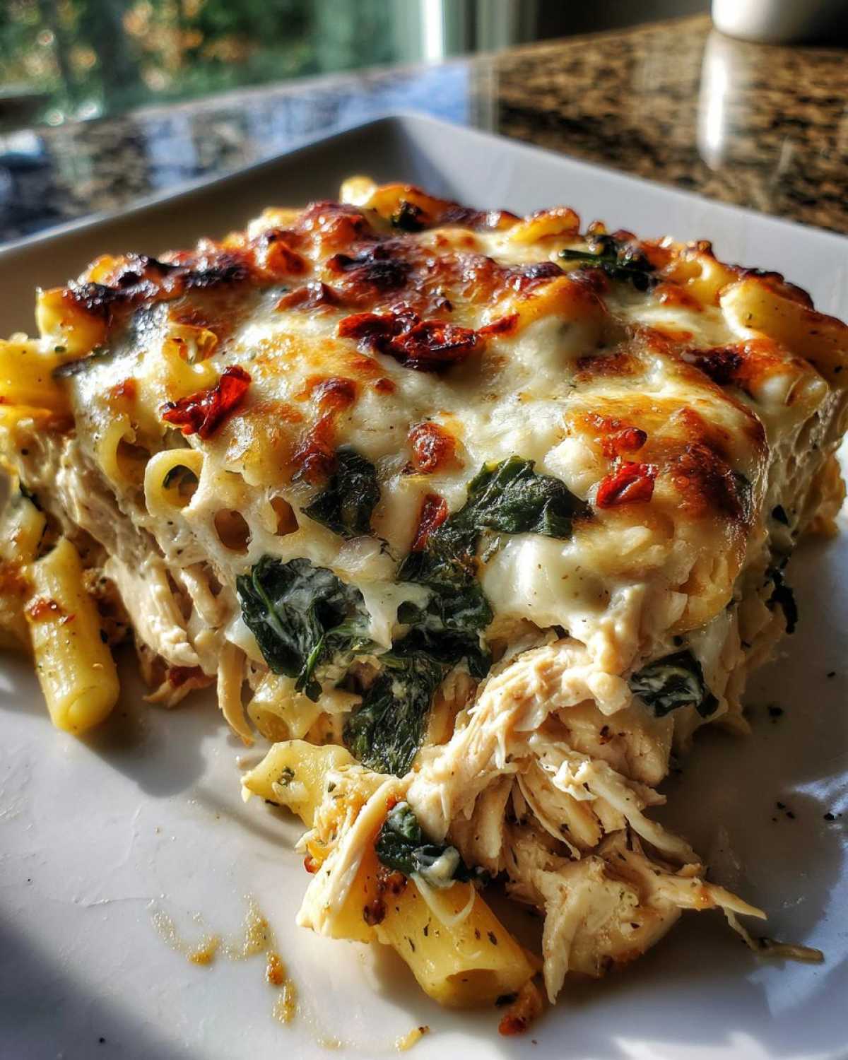 A generous slice of creamy chicken pasta bake topped with melted, browned cheese and visible spinach.