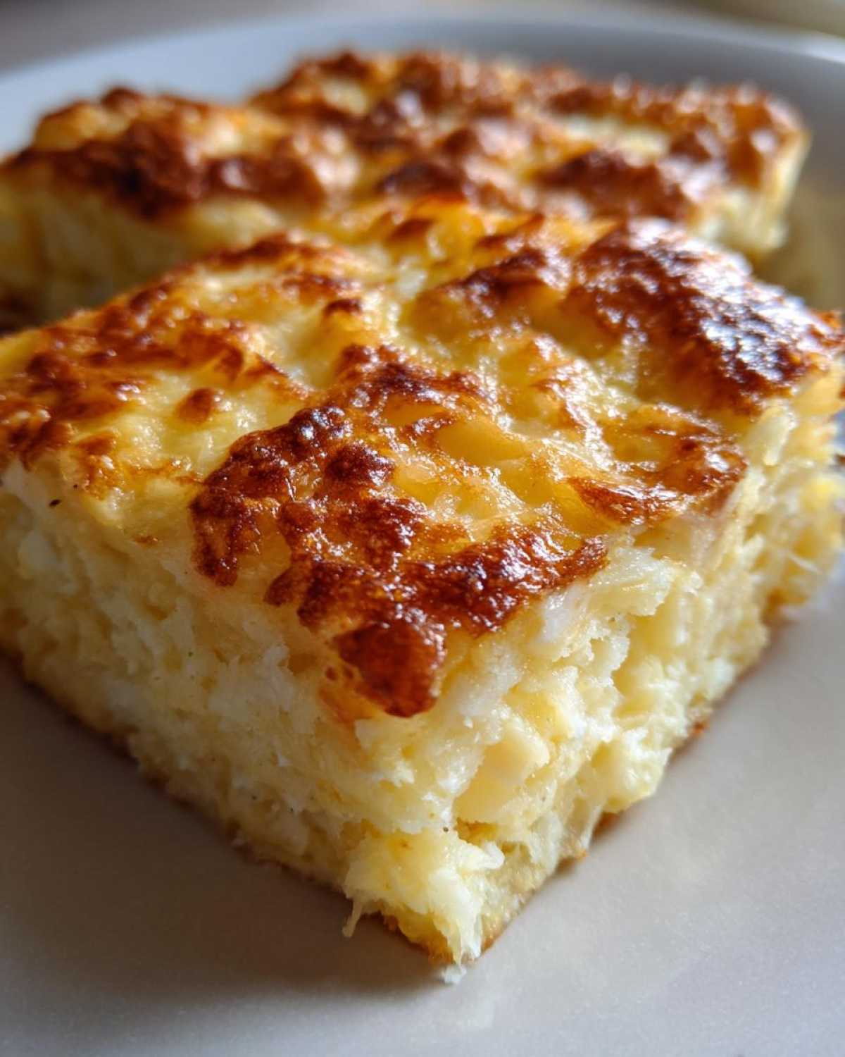 A close-up of a golden-brown, cheesy slice of hashbrown casserole showing shredded potatoes and a bubbly, baked top.