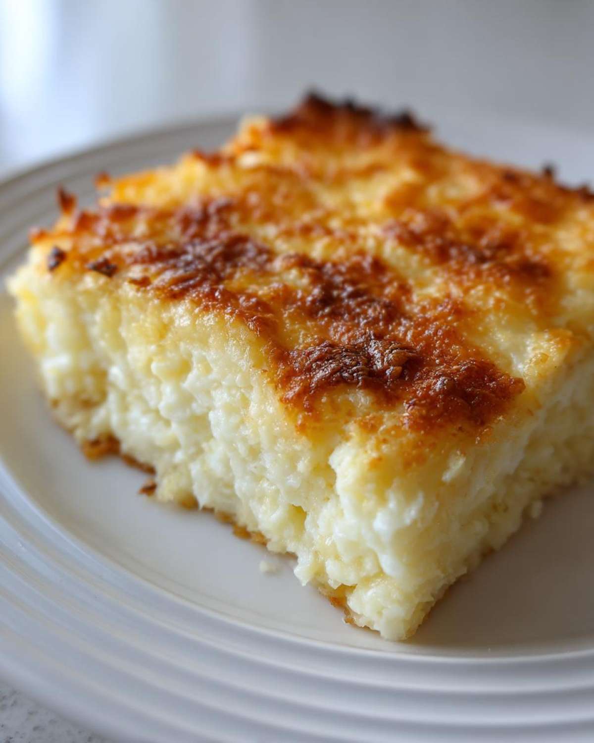 A close-up shot of a square serving of creamy, cheesy hashbrown casserole with a golden-brown, baked top.