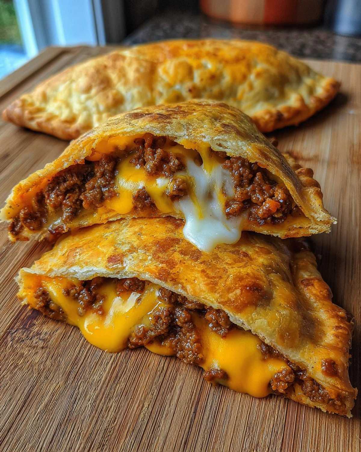 Close-up of a cheesy pocket taco cut in half, showing melted cheese oozing out with seasoned ground beef filling.
