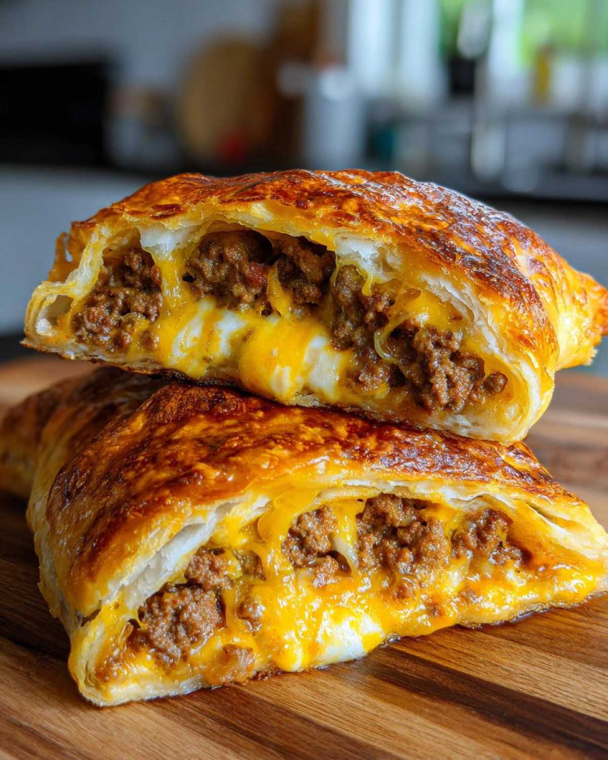 Two halves of a golden-brown, flaky pastry filled with seasoned ground beef and melted cheese, showcasing the interior of cheesy pocket tacos.