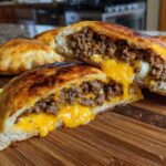 Close-up of cheesy pocket tacos cut in half, showing ground beef filling and melted cheddar cheese oozing out.