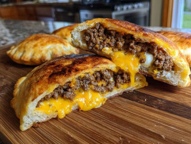 Close-up of cheesy pocket tacos cut in half, showing ground beef filling and melted cheddar cheese oozing out.