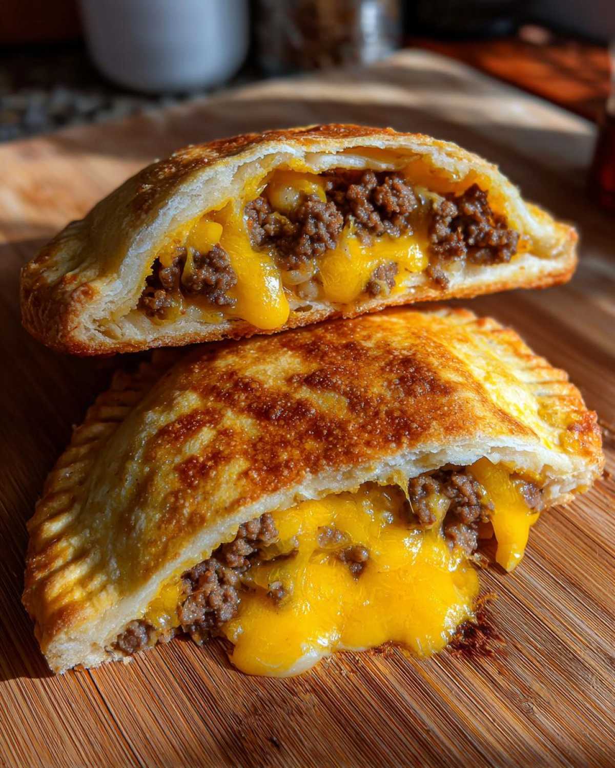 Close-up of cheesy pocket tacos cut in half, showing melted cheddar cheese oozing over seasoned ground beef filling.