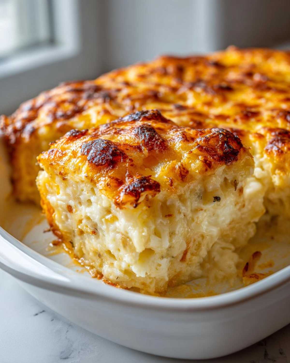 A close-up of a creamy, cheesy slice being lifted from a baked hashbrown casserole in a white dish.
