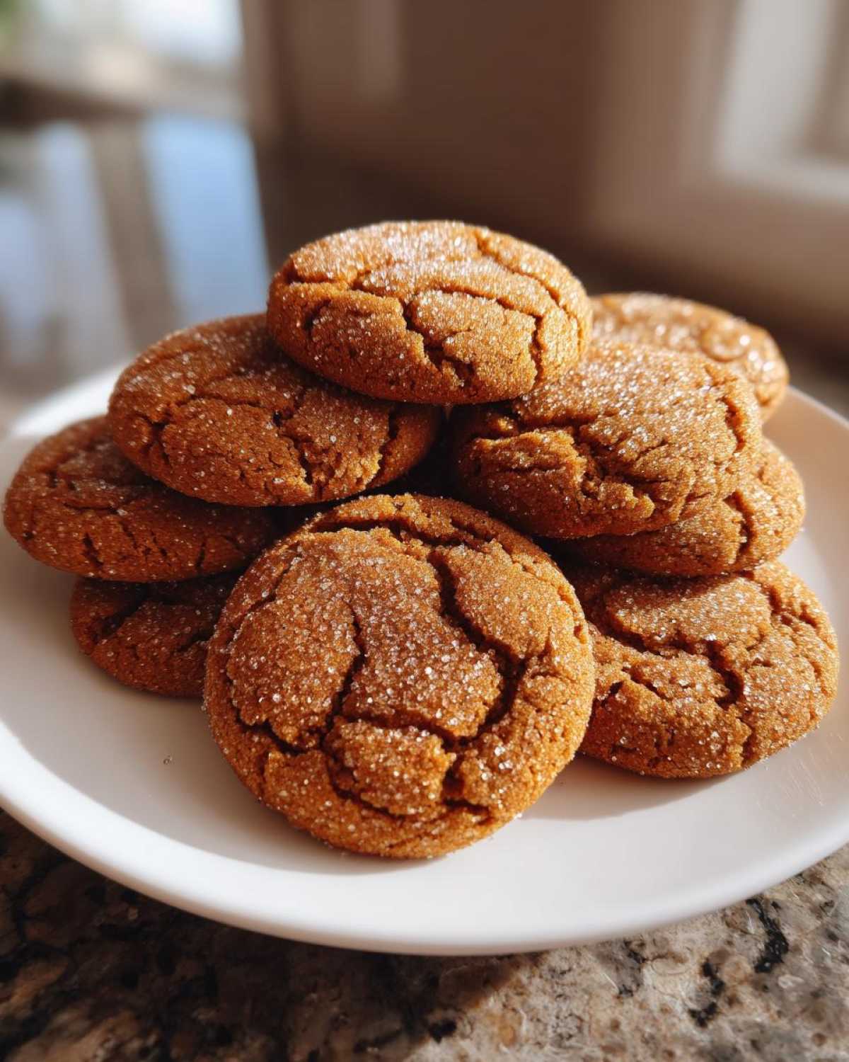 A close-up stack of chewy pumpkin snickerdoodles, perfectly cracked and coated in sparkling sugar.