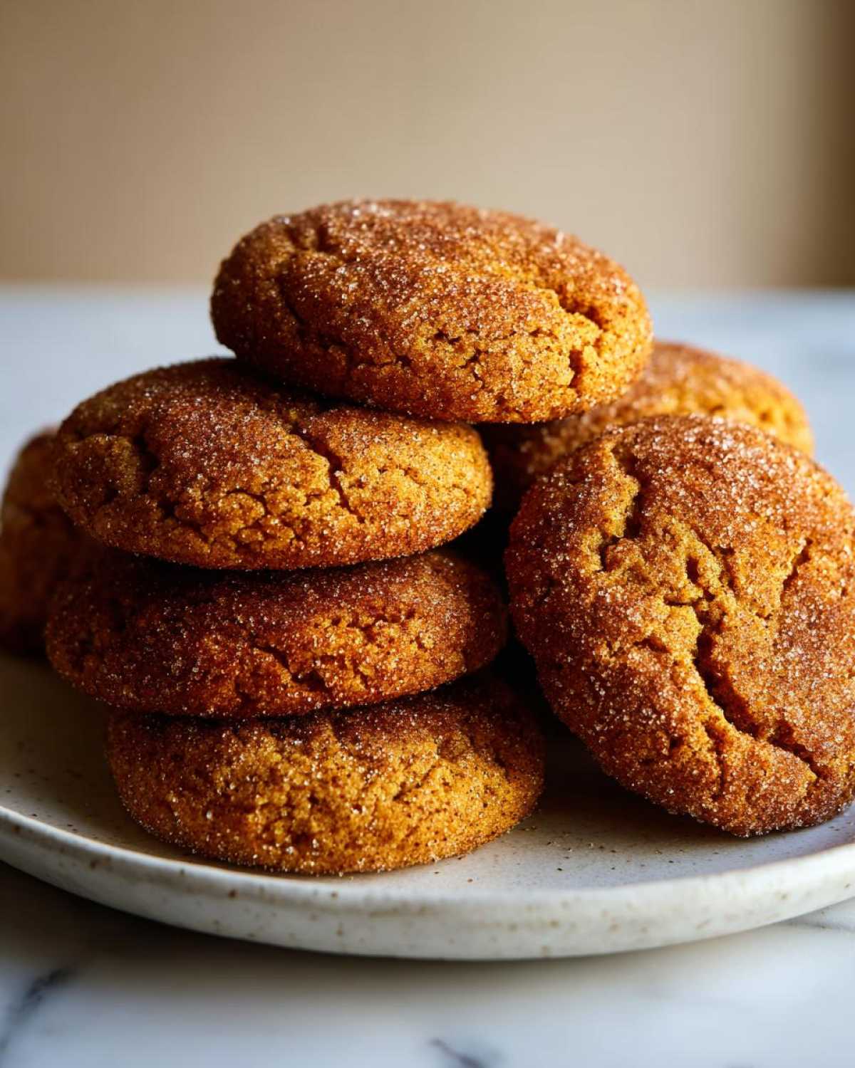 A close-up stack of chewy pumpkin snickerdoodles generously coated in cinnamon sugar.