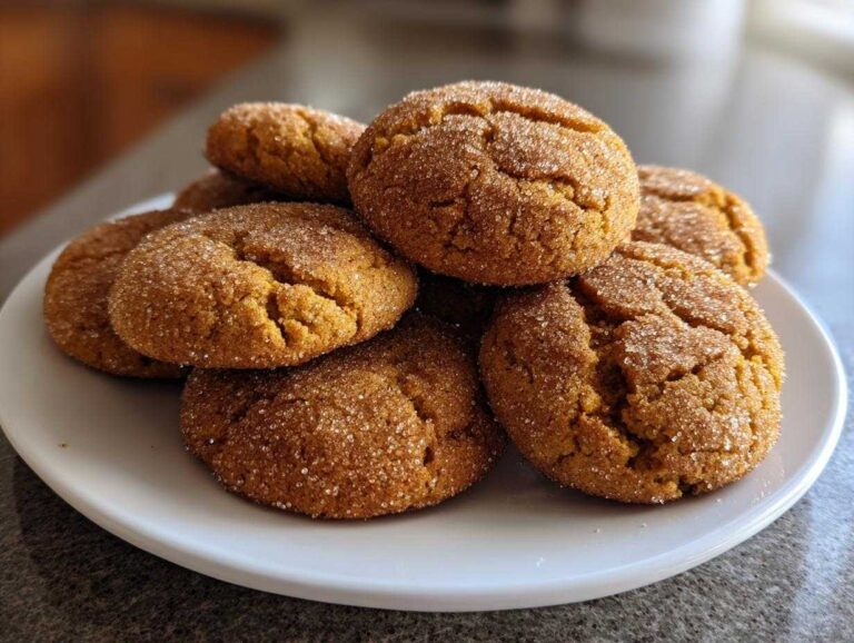 A stack of chewy pumpkin snickerdoodles coated in cinnamon sugar resting on a white plate.