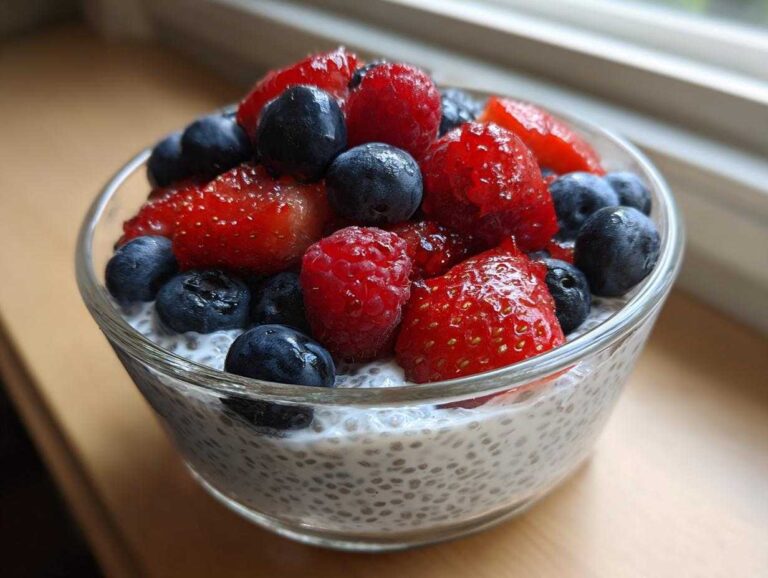 A close-up of Chia Seed Pudding with Fresh Berries, topped with vibrant strawberries, raspberries, and blueberries, served in a glass bowl.