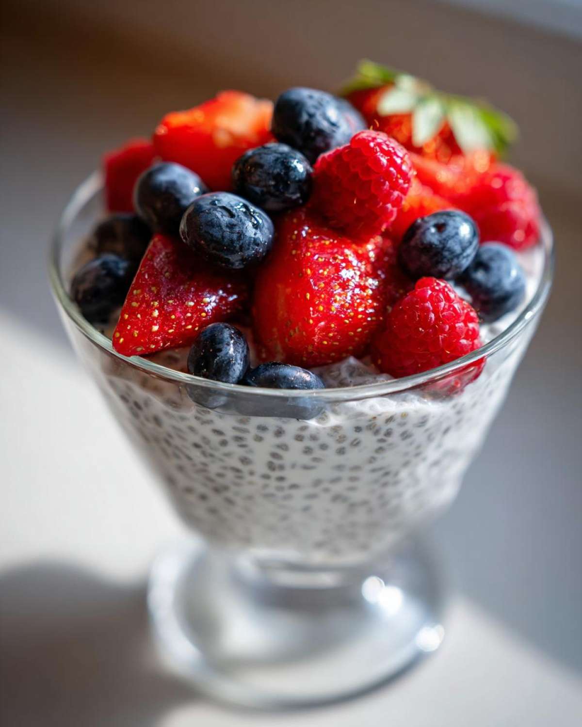 Close-up of Chia Seed Pudding with Fresh Berries, featuring blueberries, strawberries, and raspberries in a stemmed glass.