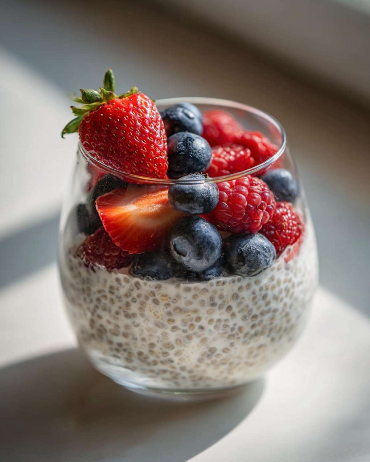 Close-up of Chia Seed Pudding with Fresh Berries, topped with strawberries, blueberries, and raspberries in a clear glass.