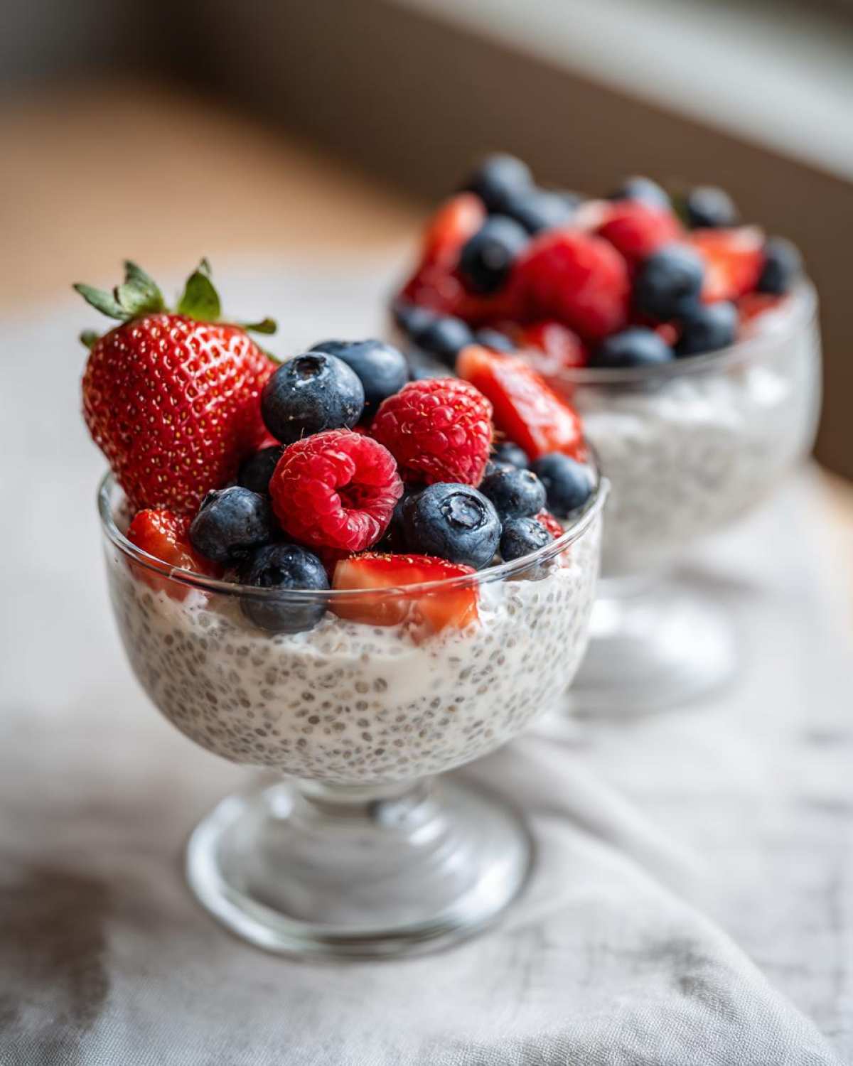 Close-up of Chia Seed Pudding with Fresh Berries, featuring blueberries, strawberries, and raspberries in a stemmed glass.