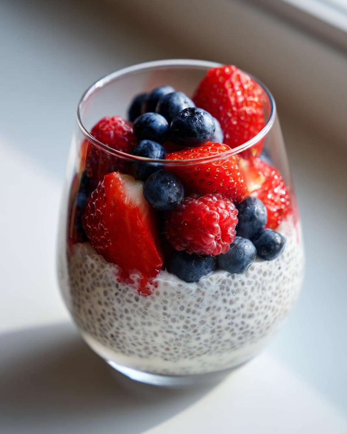 Close-up of Chia Seed Pudding with Fresh Berries, featuring strawberries, blueberries, and raspberries layered in a clear glass.