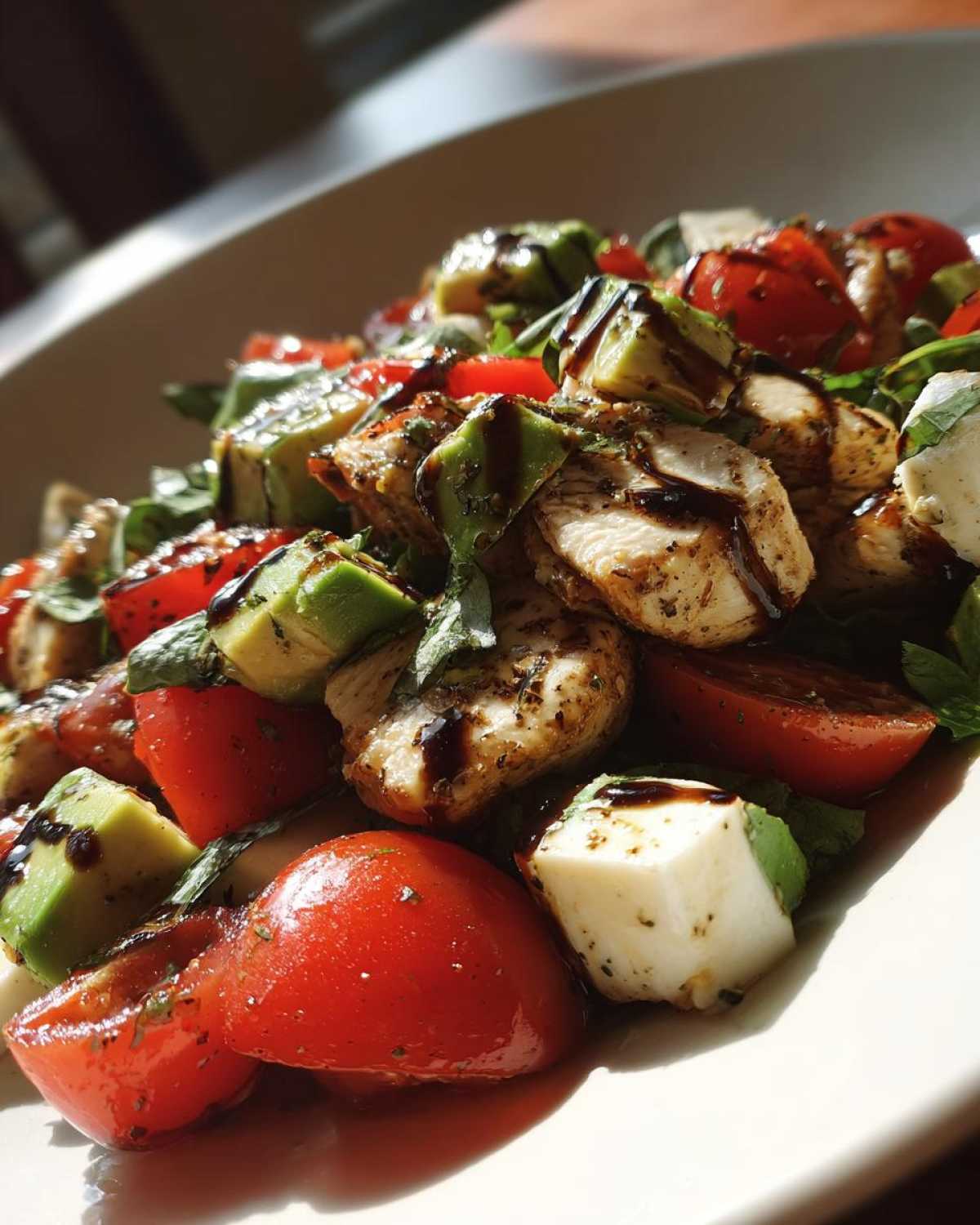 Close-up of a vibrant Chicken Avocado Caprese Salad featuring grilled chicken, avocado chunks, tomatoes, mozzarella, and a balsamic drizzle.