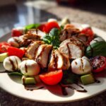 Close-up of a vibrant Chicken Avocado Caprese Salad featuring sliced grilled chicken, mozzarella balls, cherry tomatoes, avocado chunks, and basil, drizzled with balsamic glaze.