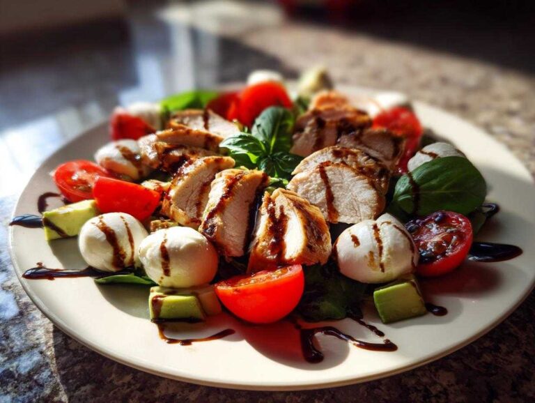 Amazing 2-Minute Chicken Avocado Caprese Salad Close-up of a vibrant Chicken Avocado Caprese Salad featuring sliced grilled chicken, mozzarella balls, cherry tomatoes, avocado chunks, and basil, drizzled with balsamic glaze.