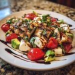 Close-up of a vibrant Chicken Avocado Caprese Salad featuring grilled chicken slices, avocado chunks, mozzarella, and tomatoes drizzled with balsamic glaze.