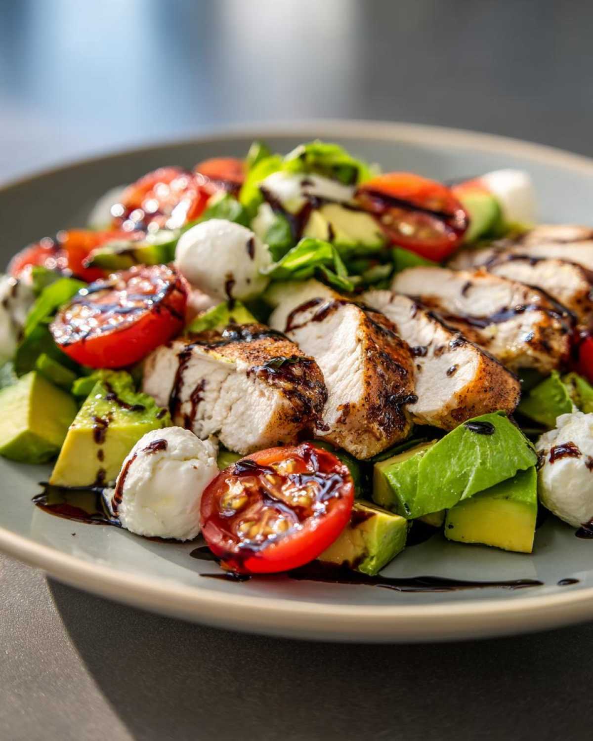 Close-up of sliced seasoned chicken breast, avocado chunks, mozzarella balls, and halved tomatoes in a Chicken Avocado Caprese Salad drizzled with balsamic glaze.