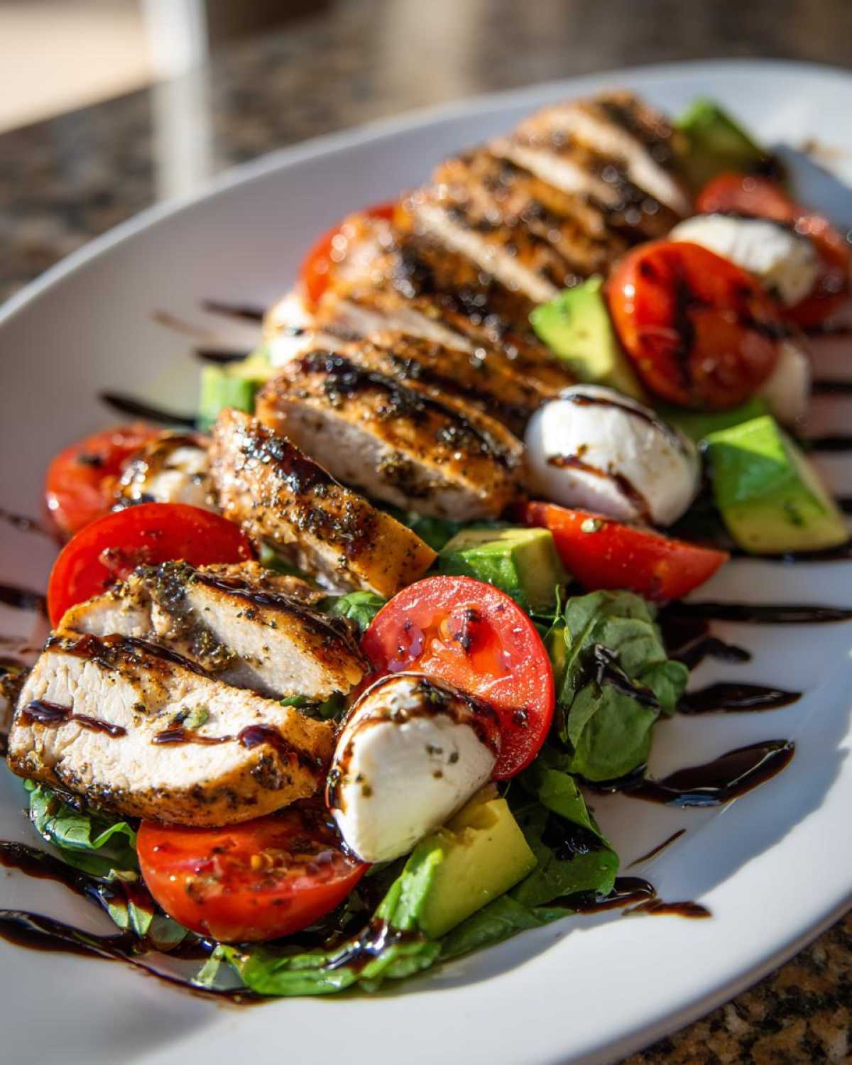 Close-up of a vibrant Chicken Avocado Caprese Salad featuring sliced grilled chicken, mozzarella balls, tomatoes, and avocado drizzled with balsamic glaze.