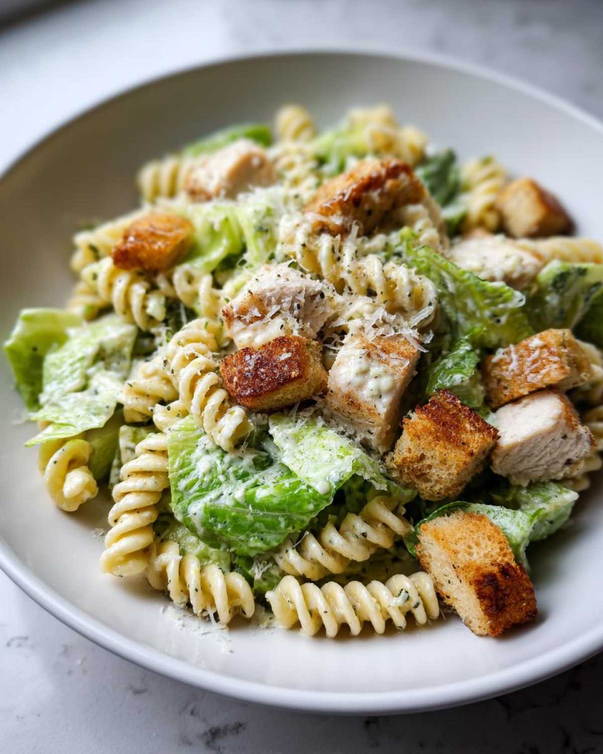 A close-up view of a bowl filled with Chicken Caesar Pasta Salad, featuring rotini pasta, romaine lettuce, grilled chicken pieces, and croutons.