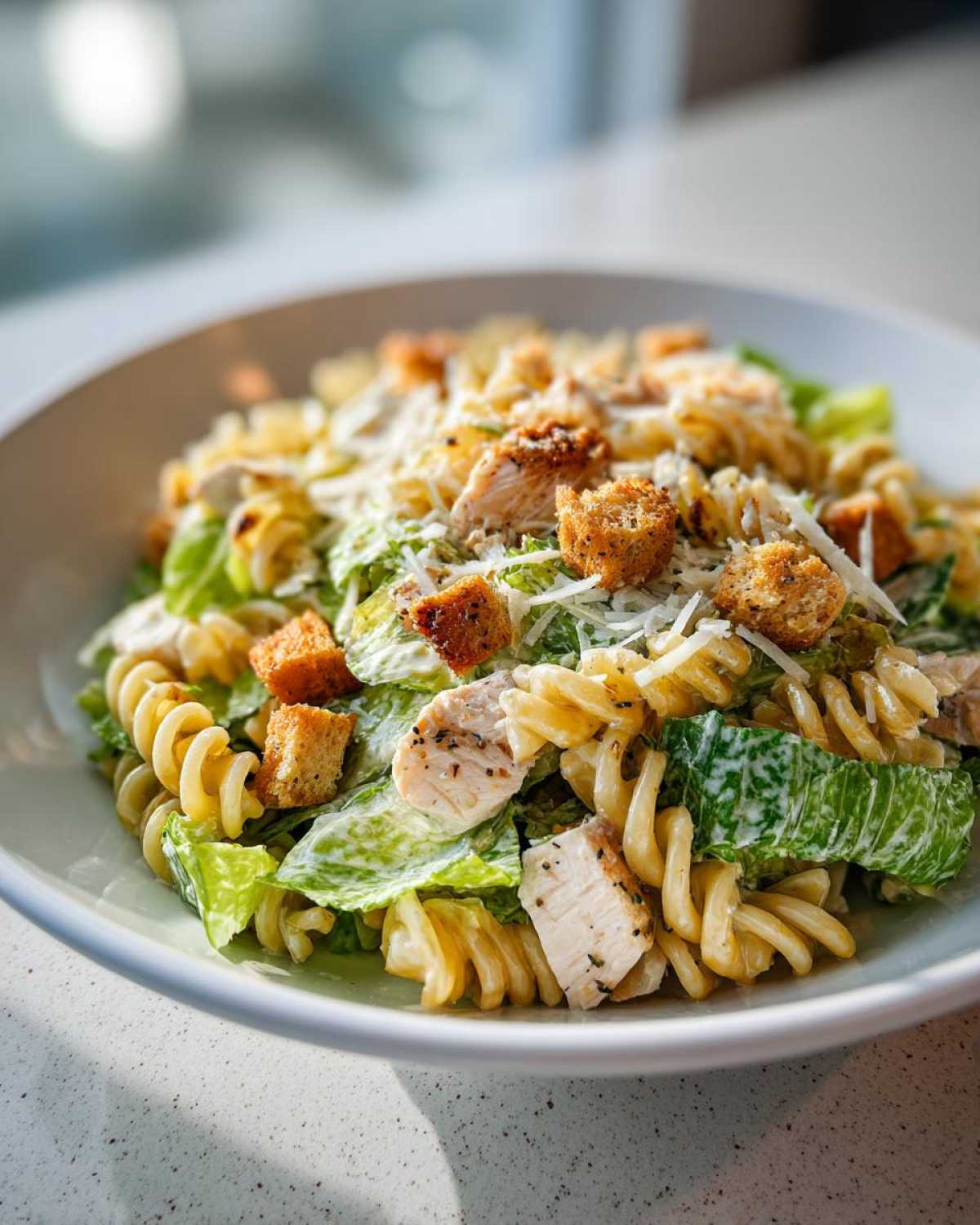 A close-up of a bowl filled with Chicken Caesar Pasta Salad featuring rotini pasta, romaine lettuce, grilled chicken, and croutons.