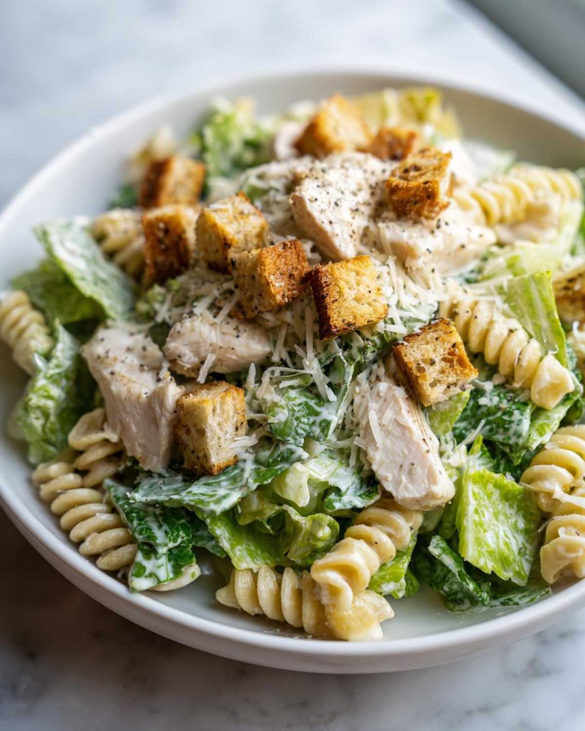 A close-up of a bowl of Chicken Caesar Pasta Salad featuring romaine lettuce, rotini pasta, sliced chicken, croutons, and grated Parmesan cheese.