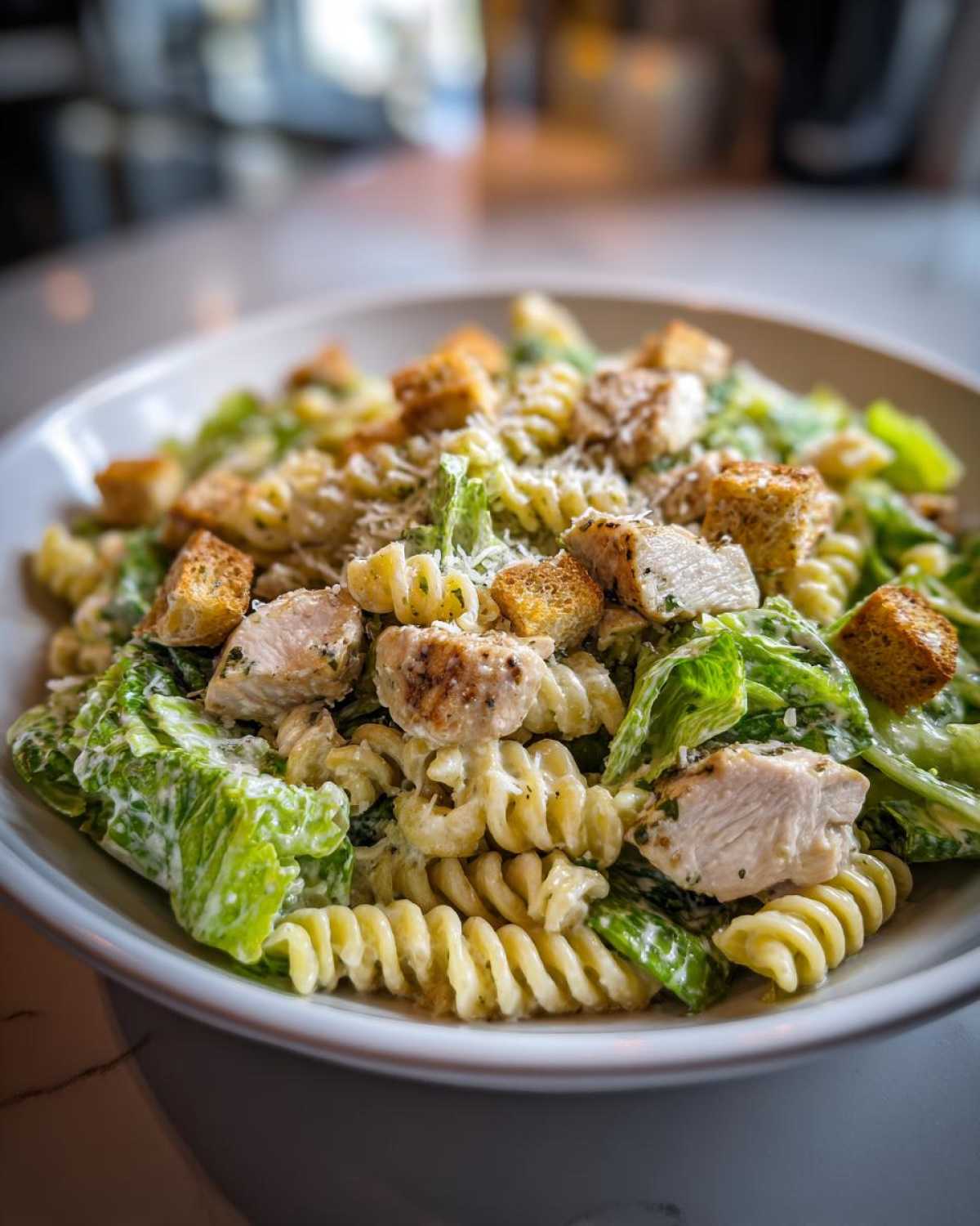 A bowl of creamy Chicken Caesar Pasta Salad featuring fusilli pasta, grilled chicken chunks, romaine lettuce, and croutons.