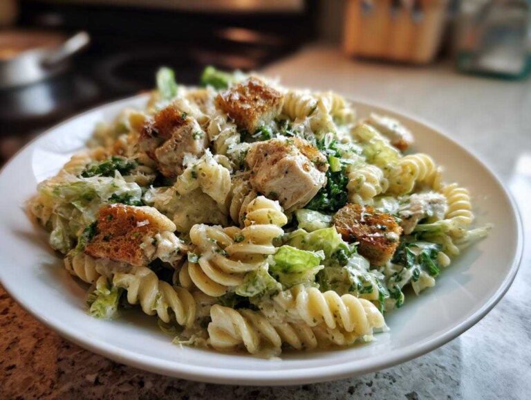 Amazing 15-Minute Chicken Caesar Pasta Salad A close-up of a white plate filled with Chicken Caesar Pasta Salad featuring fusilli pasta, chicken chunks, romaine lettuce, and croutons.