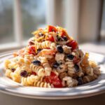 A mound of creamy Chicken Taco Pasta Salad featuring rotini pasta, black olives, tomatoes, and shredded cheese.