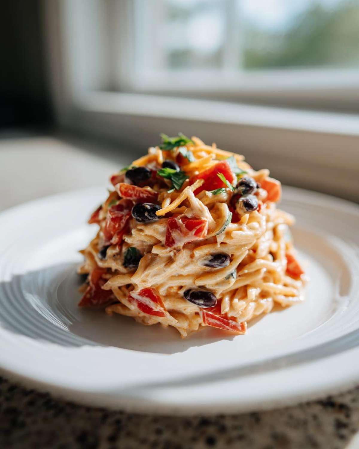 A perfectly portioned mound of creamy Chicken Taco Pasta Salad, topped with black beans, tomatoes, cheese, and cilantro.