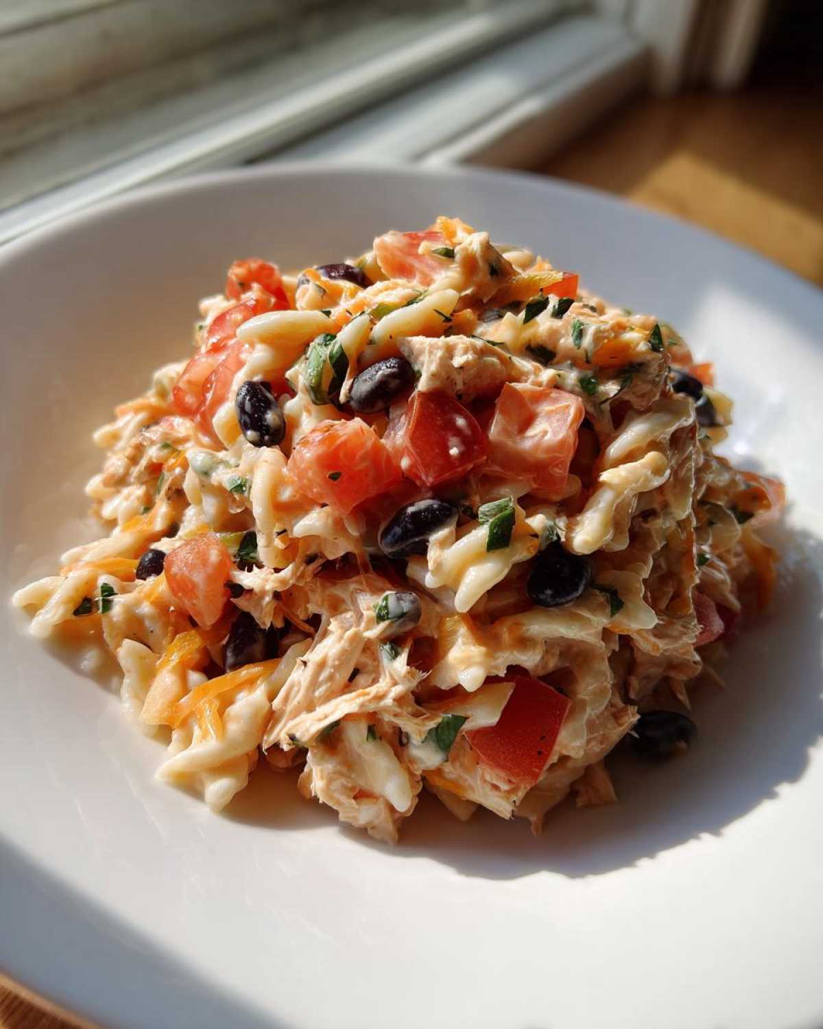 A close-up of a serving of creamy Chicken Taco Pasta Salad mixed with black beans and diced tomatoes, brightly lit by sunlight.