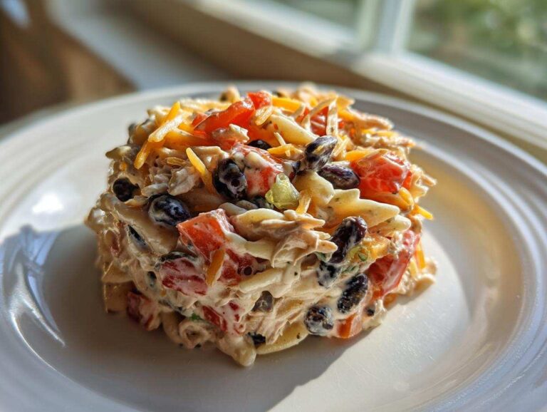 A molded serving of creamy Chicken Taco Pasta Salad with black beans, tomatoes, and shredded cheese.