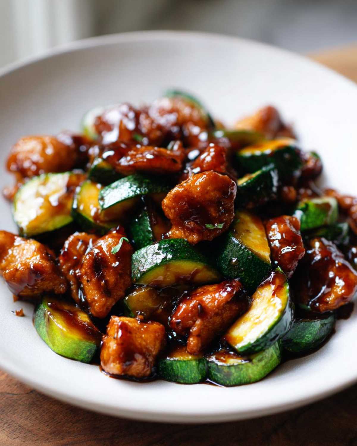 Close-up of glossy, saucy chicken zucchini stir fry served in a light-colored bowl.