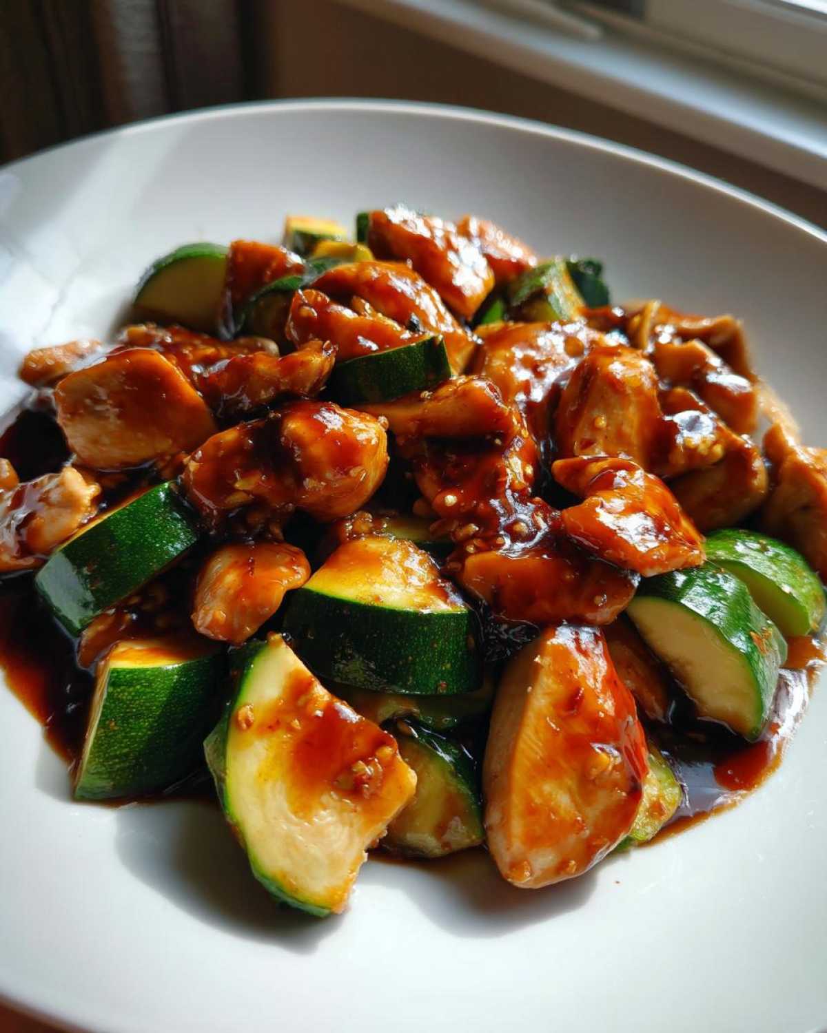 A close-up of savory chicken zucchini stir fry coated in a thick, glossy brown sauce served in a white bowl.