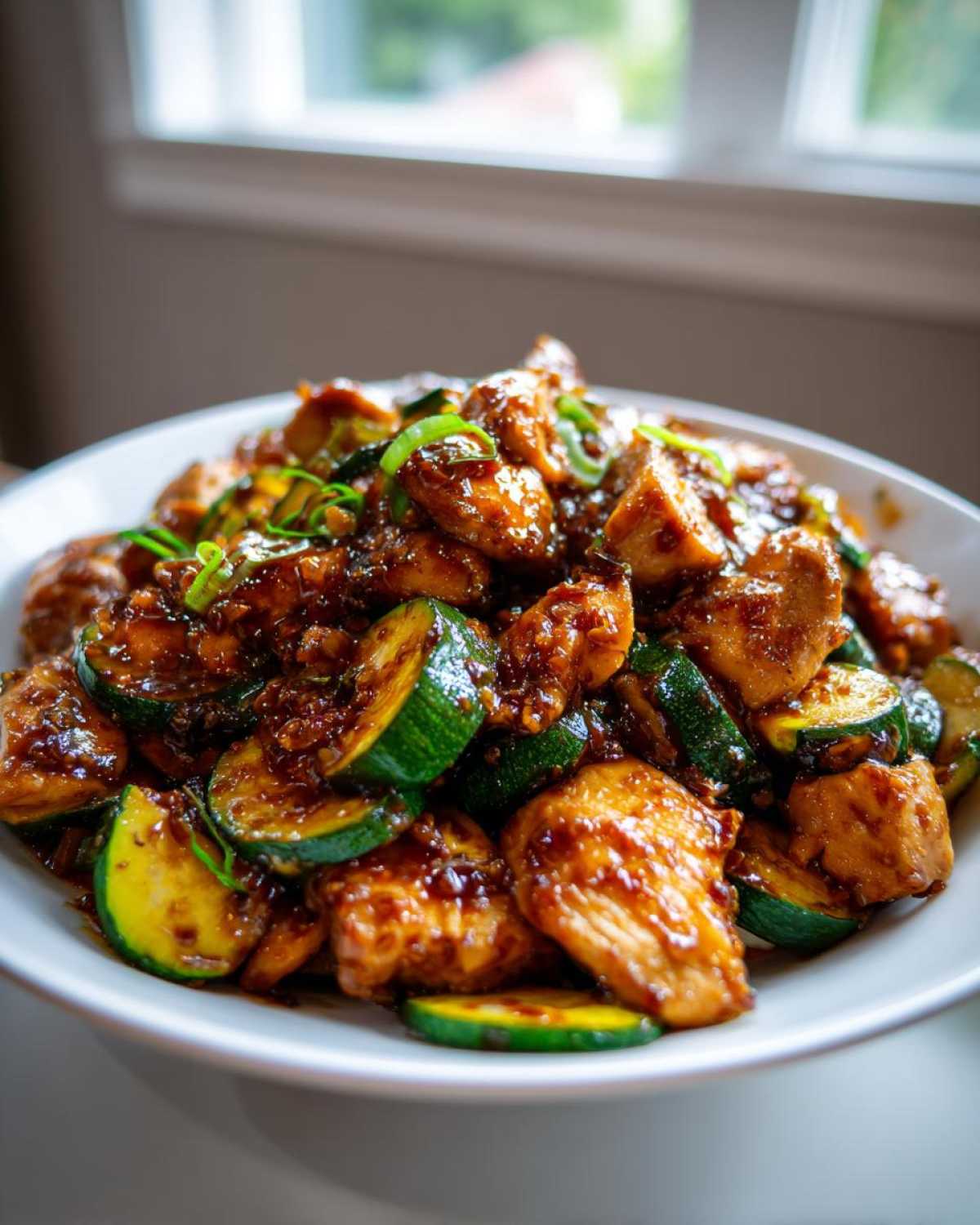 A close-up of a white bowl filled with glossy, saucy chicken zucchini stir fry, garnished with green onions.