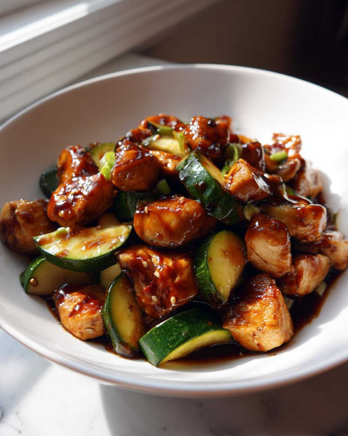Close-up of bite-sized chicken pieces and sliced zucchini coated in a dark, glossy sauce in a white bowl, perfect for chicken zucchini stir fry.