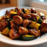 A close-up shot of glistening, saucy chicken zucchini stir fry served on a white plate.
