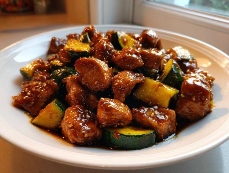 A close-up shot of glistening, saucy chicken zucchini stir fry served on a white plate.