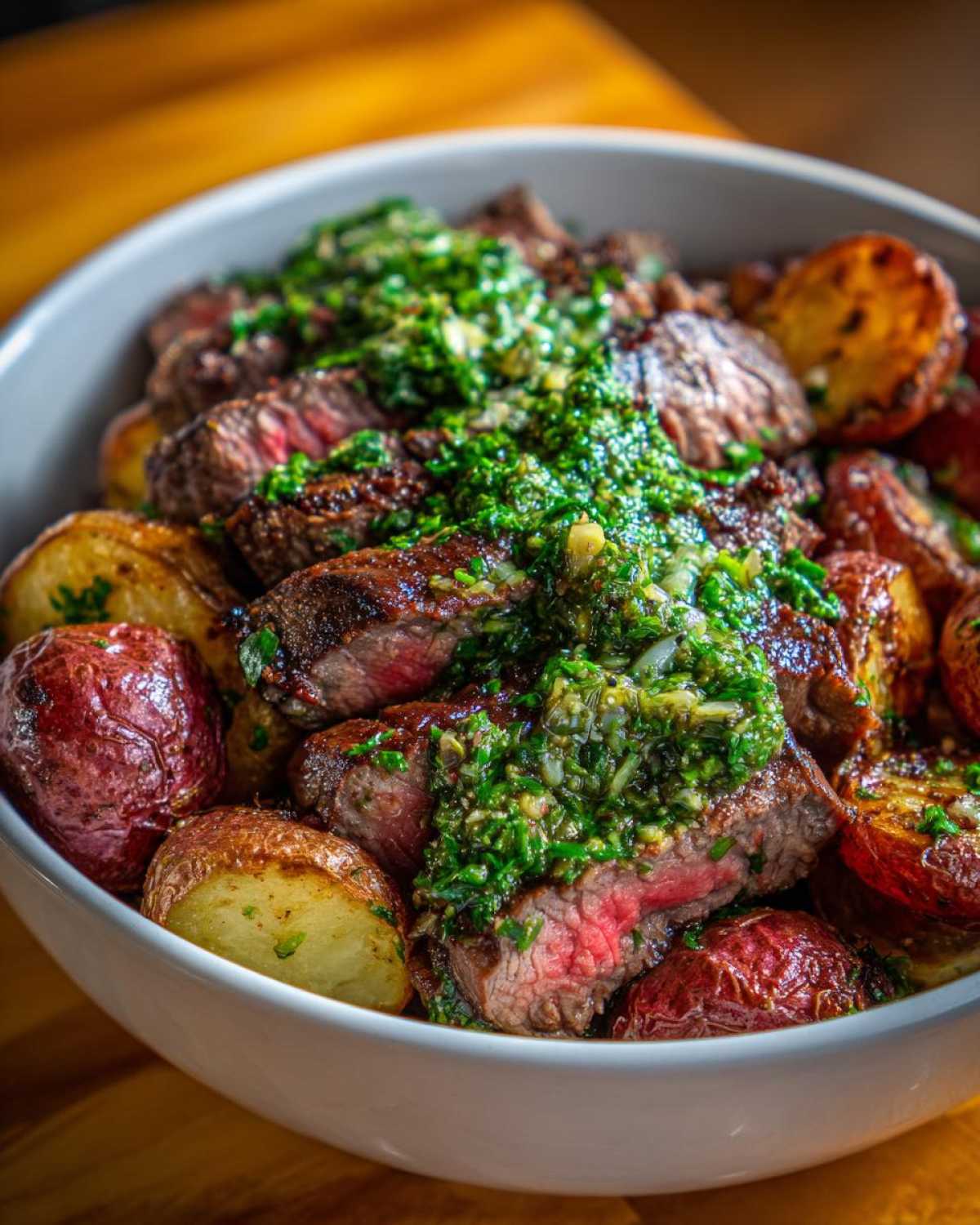 Close-up of sliced medium-rare steak topped with bright green chimichurri sauce, served with roasted red potatoes in a white bowl.
