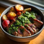 Close-up of sliced steak topped with bright green chimichurri sauce, served with roasted potatoes in a bowl.
