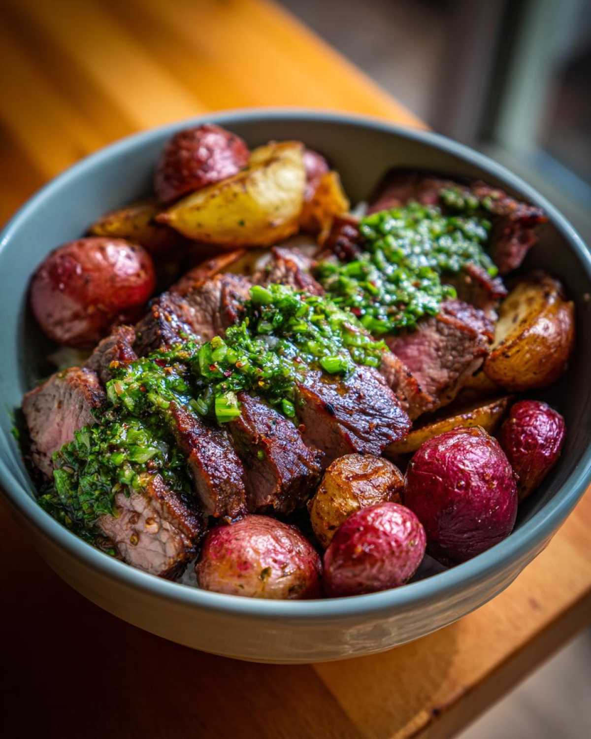 Close-up of sliced steak topped with bright green chimichurri sauce, served with roasted red potatoes in a bowl.