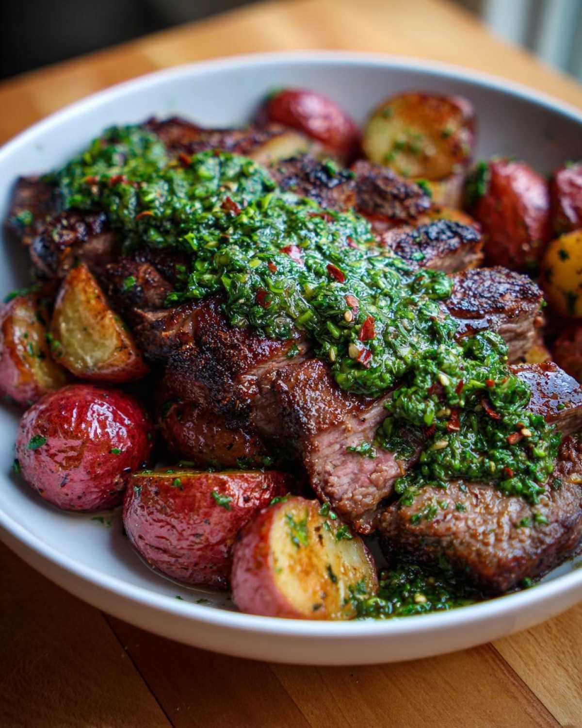 Juicy steak covered in bright green chimichurri sauce served with roasted red potatoes in a white bowl.