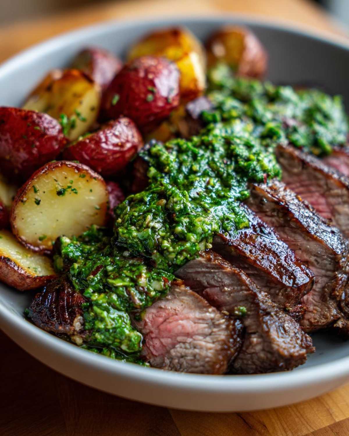 Close-up of sliced steak topped with bright green chimichurri sauce, served with roasted red potatoes in a bowl.