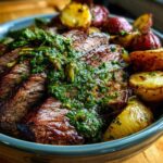 Close-up of sliced steak topped with bright green chimichurri sauce served with roasted potatoes in a bowl.