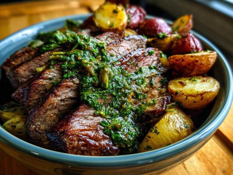 Close-up of sliced steak topped with bright green chimichurri sauce served with roasted potatoes in a bowl.