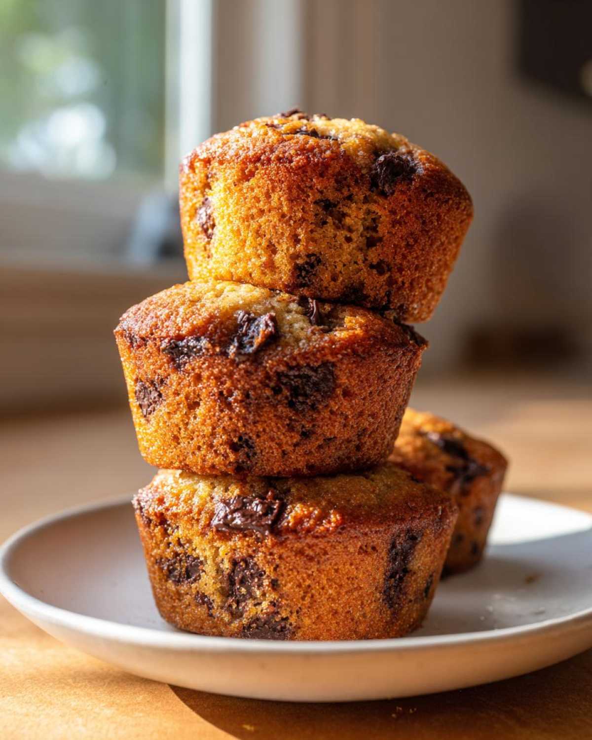 Three golden brown chocolate chip protein muffins stacked on a light plate, backlit by a window.