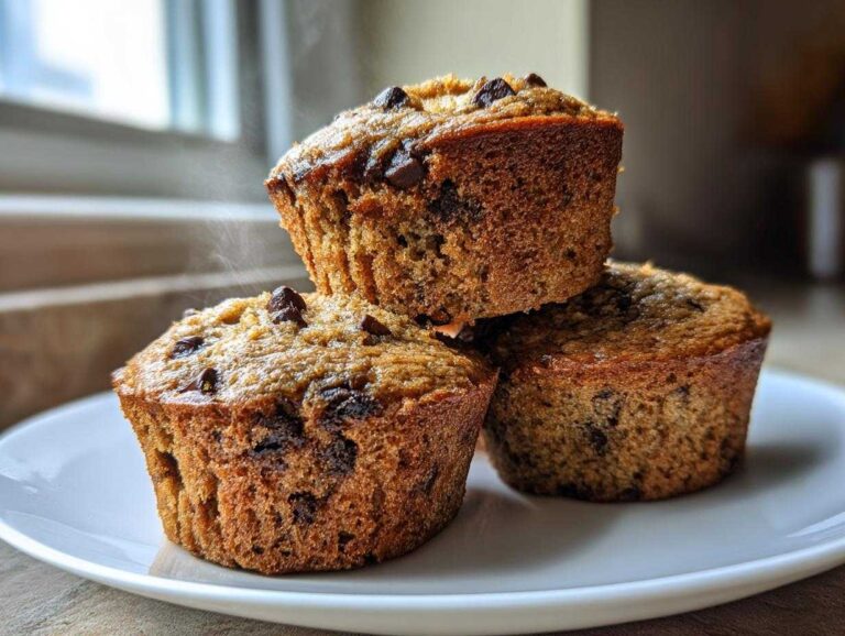A stack of three freshly baked, warm chocolate chip protein muffins on a white plate.